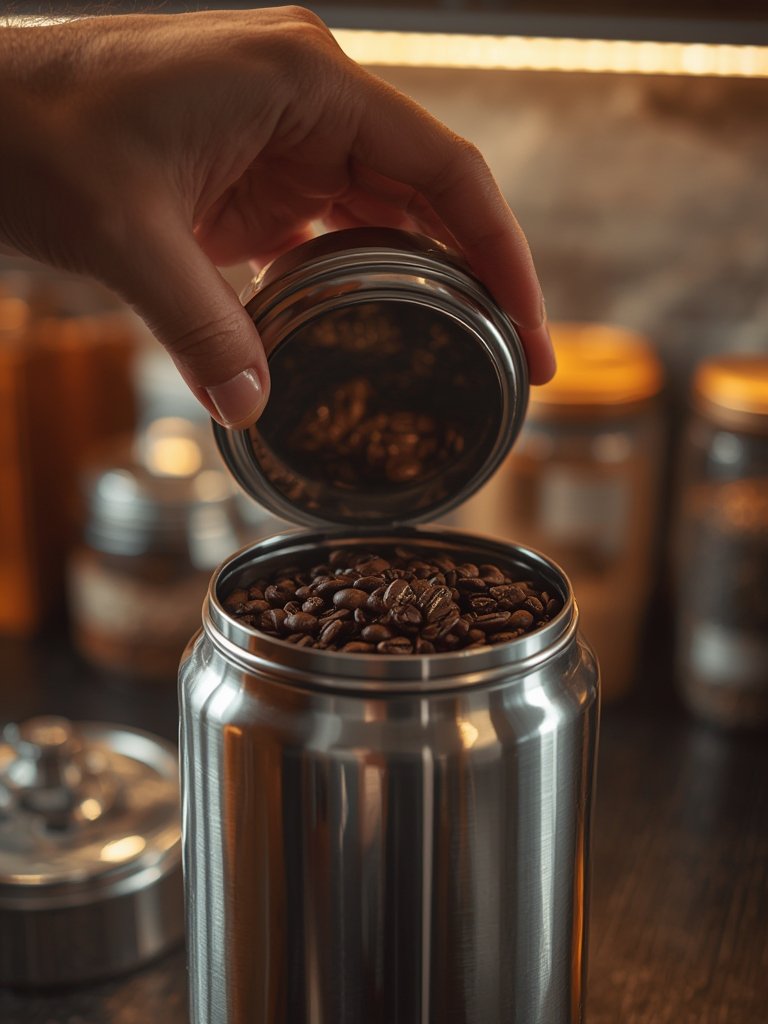 Airtight coffee canister preserving beans with locking clamp