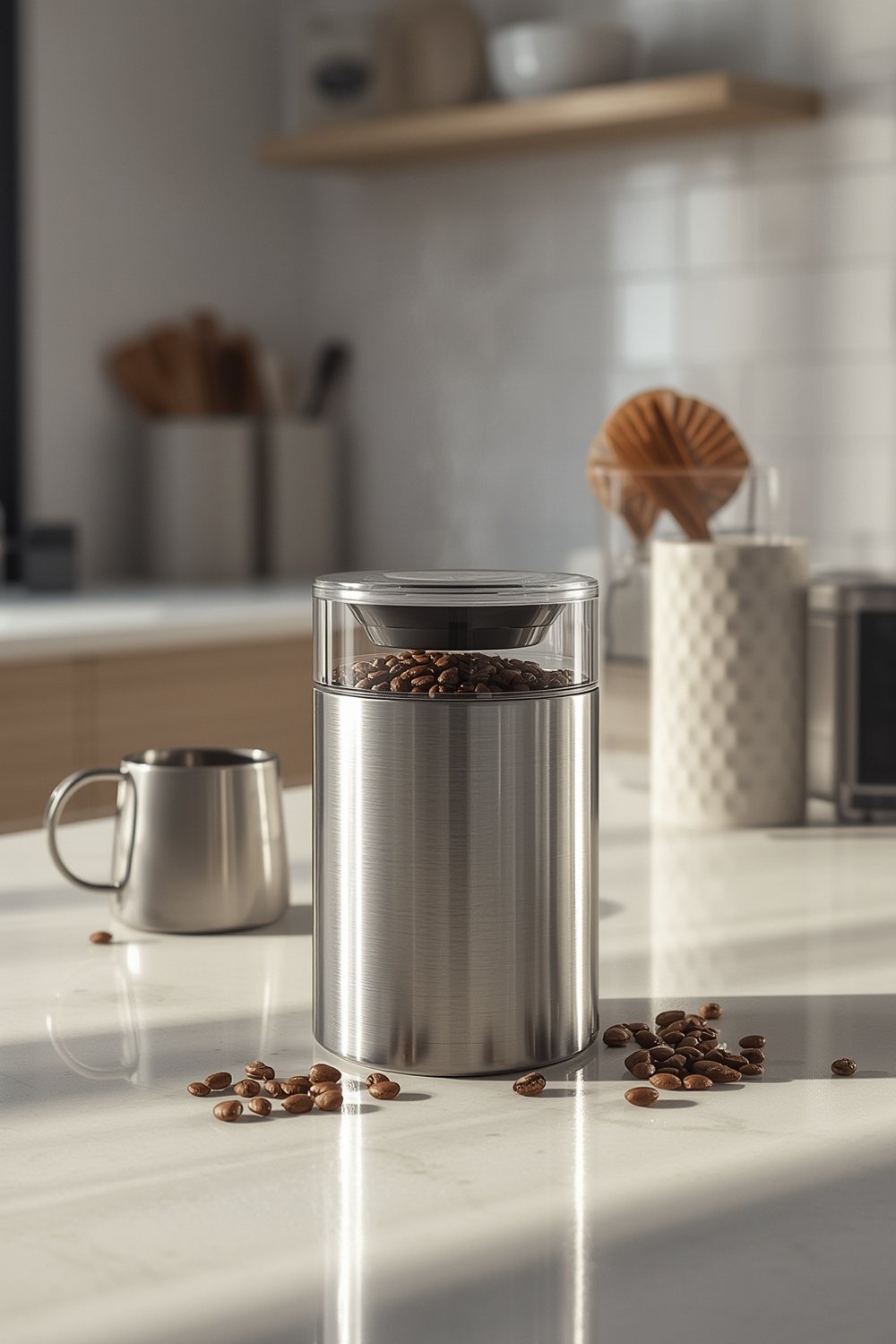 Oggi Stainless Steel Coffee Canister with clear lid and locking clamp