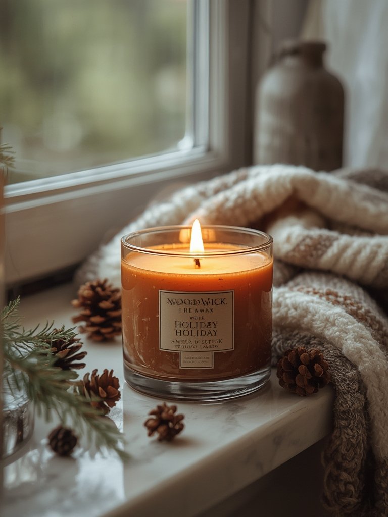 WoodWick Fireside Holiday Candle with crackling wick close-up
