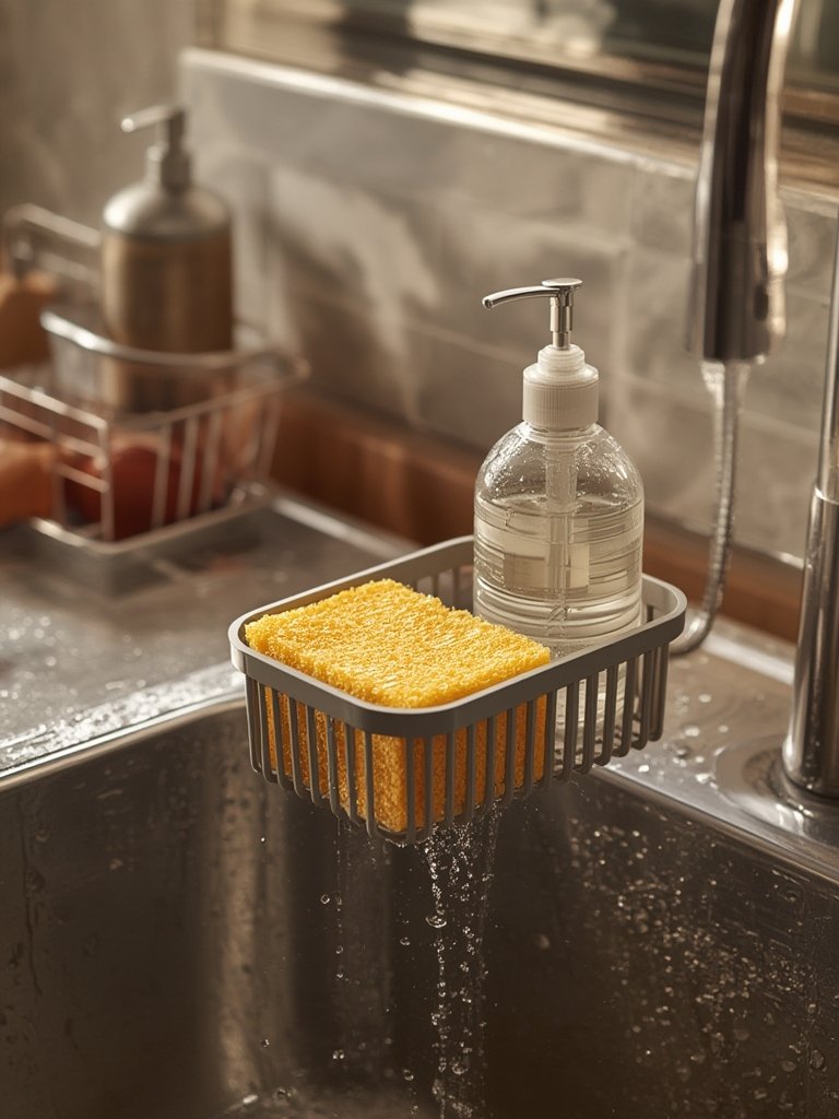 Umbra Sling sink organizer holding sponge and brush