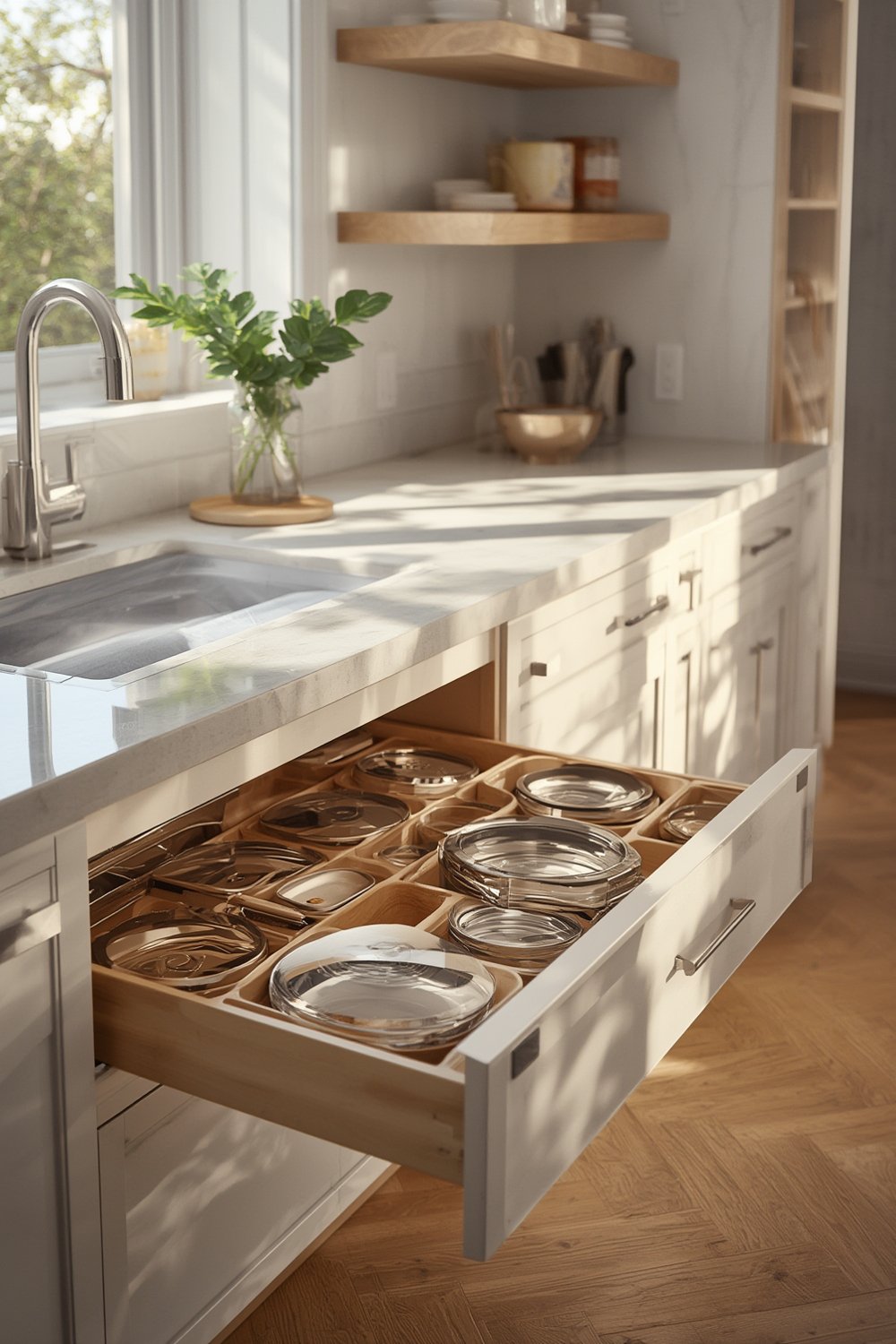 YouCopia StoraLid Adjustable Food Container Lid Organizer in a kitchen cabinet