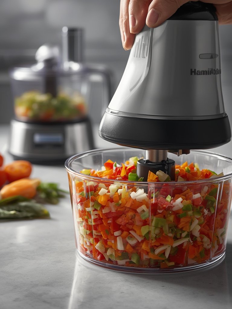 Hamilton Beach mini food processor chopping vegetables