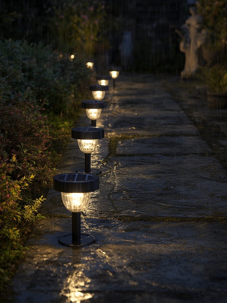 solar lights illuminating outdoor pathway at night