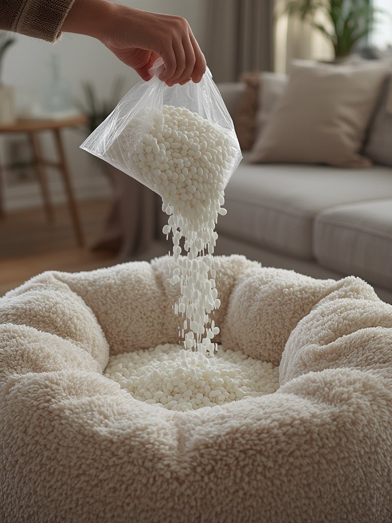 Polystyrene beans for bean bag refill up close