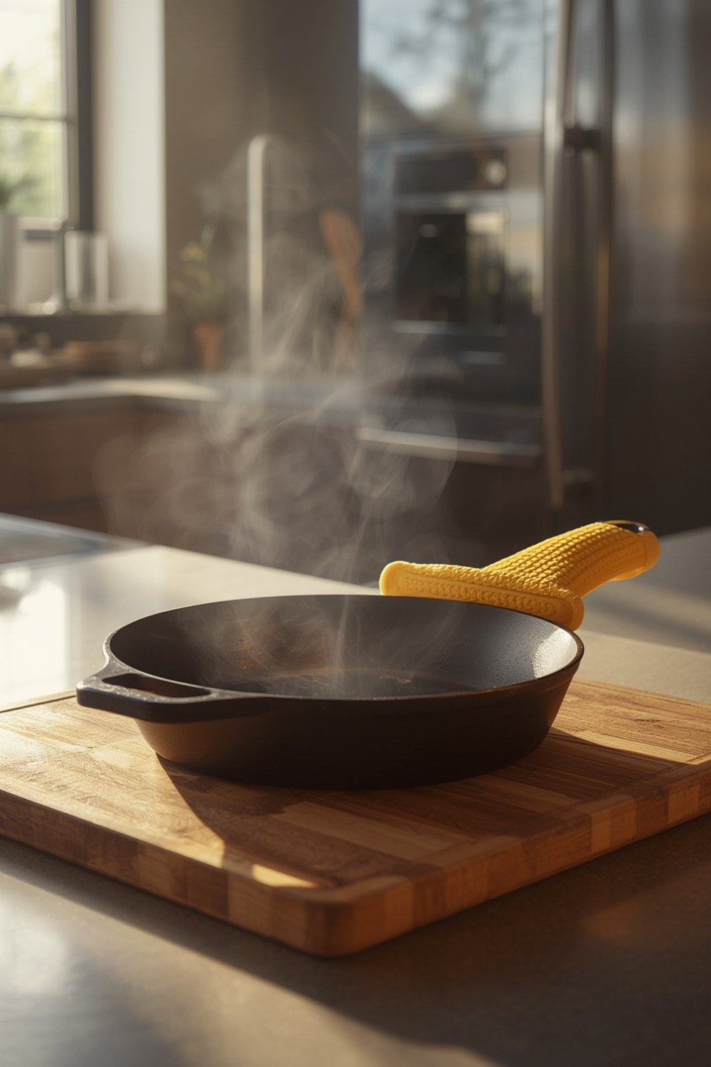 silicone potholder in use on a hot pan handle