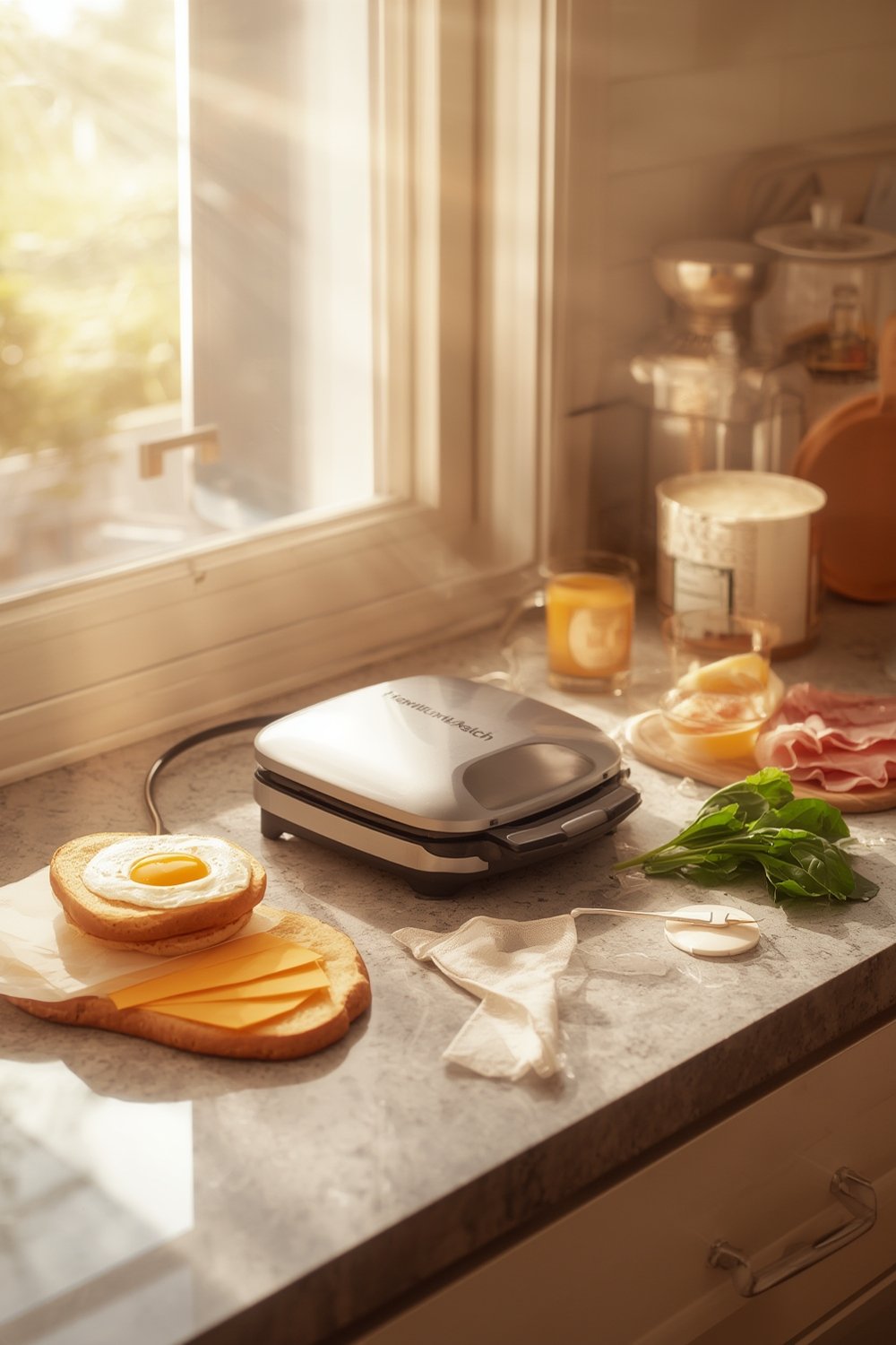 breakfast sandwich maker with egg cooker ring on kitchen counter