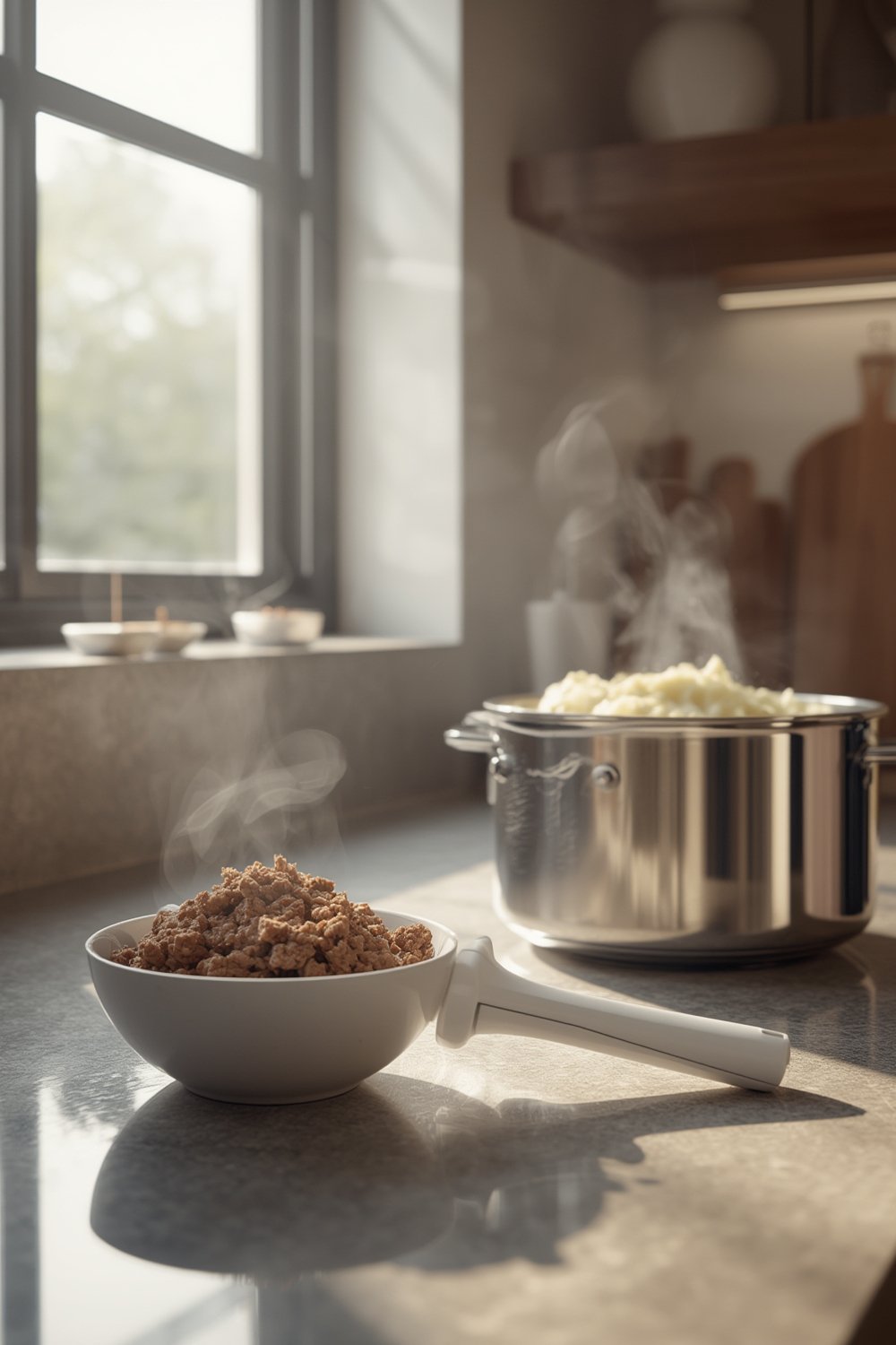 meat masher cutting through thick ground beef