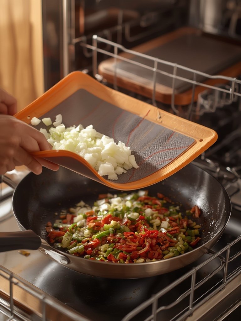 non-slip cutting board in use on countertop
