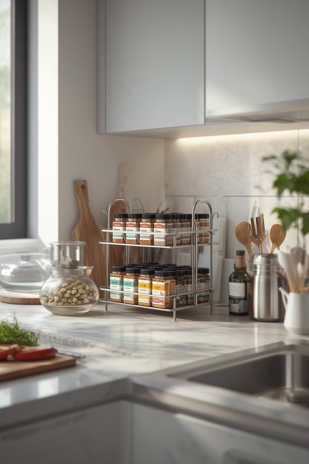 spice rack on kitchen countertop